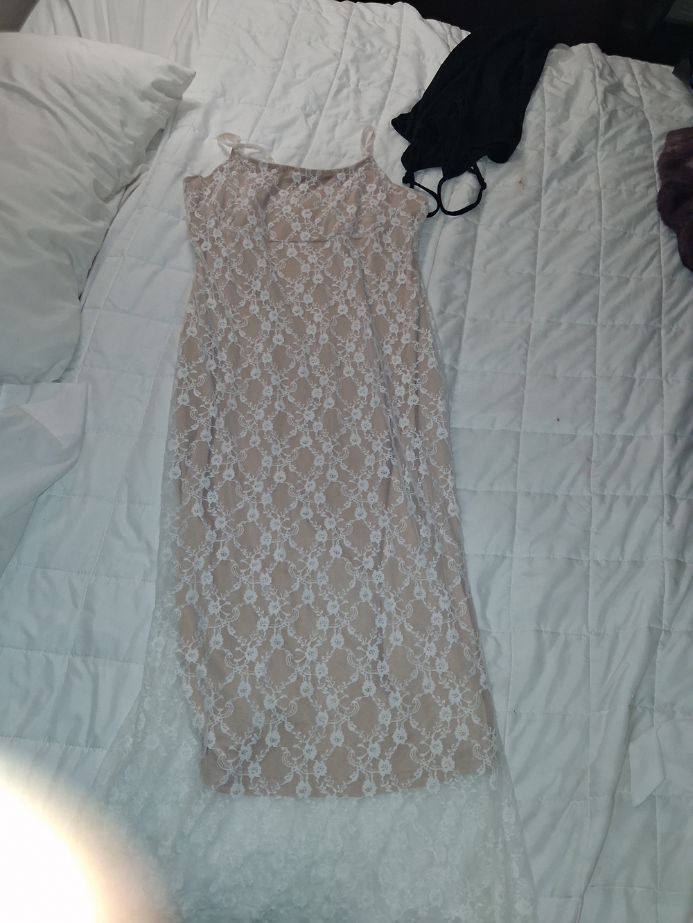 Spaghetti Strap Lace Overlay Dress in Beige